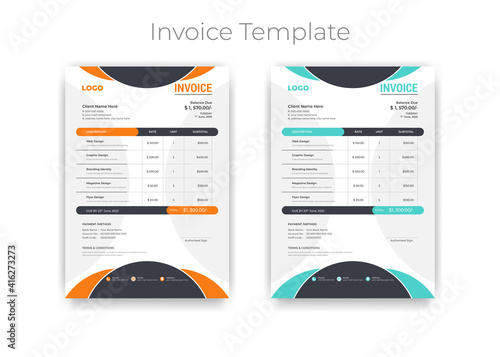 Creative and Unique abstract style business invoice template. Quotation Invoice Layout Template Paper Sheet Include Accounting, Price, Tax, and Quantity. With color variation Vector illustration photo