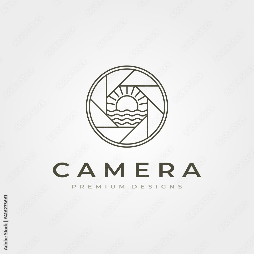 line art camera lens log with ocean sunburst view vector illustration design line art camera lens log with ocean sunburst view vector illustration design