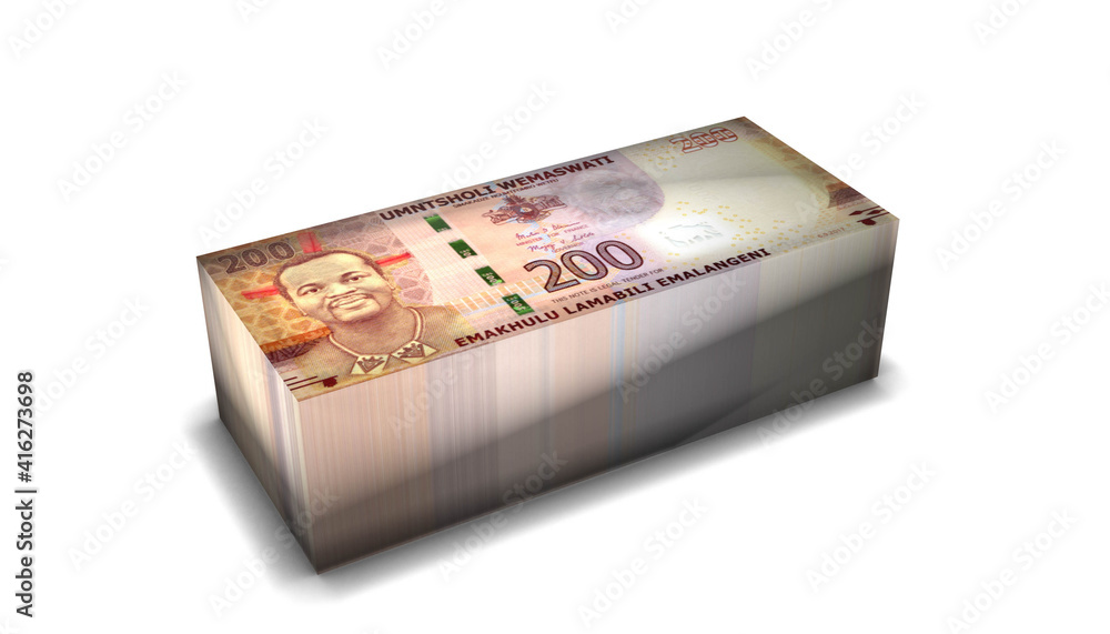 Swaziland Eswatini 200 Emalangeni Banknotes Money Stack on White Background Swaziland Eswatini 200 Emalangeni Banknotes Money Stack on White Background