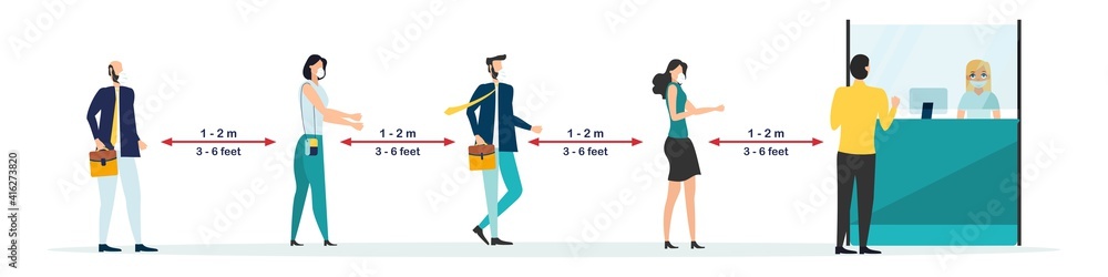 Fototapeta premium Social distancing and coronavirus covid-19 prevention: maintain a safe distance from others in public offices and banks