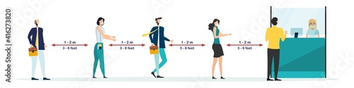 Social distancing and coronavirus covid-19 prevention: maintain a safe distance from others in public offices and banks