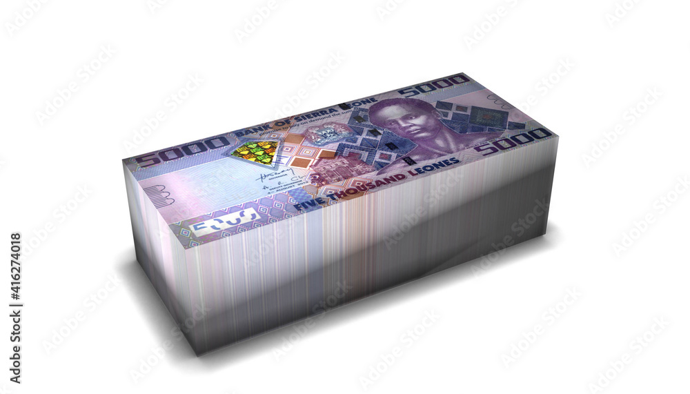 Sierra Leone 5000 Leones Banknotes Money Stack on White Background Sierra Leone 5000 Leones Banknotes Money Stack on White Background