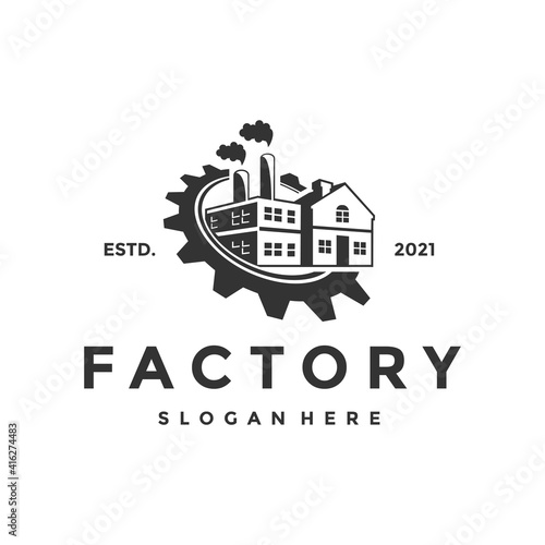 Gear factory industrial logo design template, vector illustration.	
