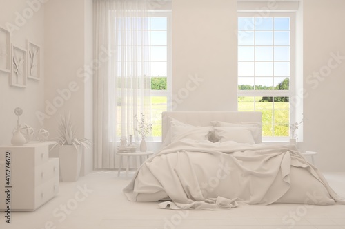 Stylish bedroom in white color with summer landscape in window. Scandinavian interior design. 3D illustration