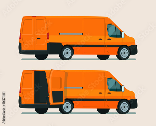 Cargo van two angle set. Van with open cargo door. Vector flat style illustration.