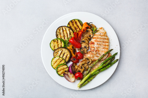 Seasonal summer grilled vegetables and chicken in a pan