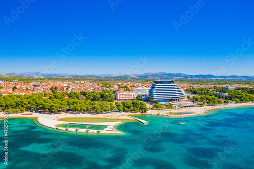 Aerial view of town of Vodice, amazing turquoise coastline on Adriatic coast, Croatia
