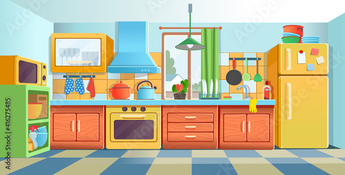 Retro сozy colored kitchen interior with fridge, kitchen stove, cupboard dishes. Vector illustration flat cartoon style.