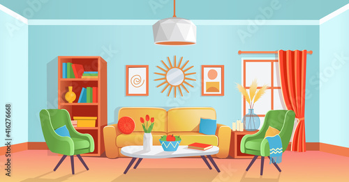 Retro cozy colored living room interior with sofa, armchairs, table, shelf, window, vase, chandelier, paintings, mirror. Vector illustration flat cartoon style.