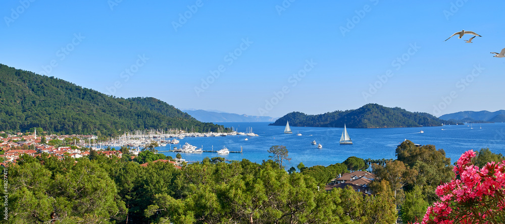 Panoramic view from Gocek Marina with sailboats. Fethiye, Turkey