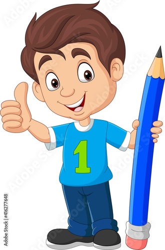 Cartoon boy holding a big pencil and showing thumb up