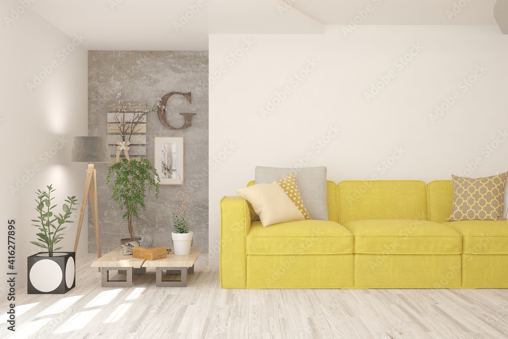 White living room with sofa. Scandinavian interior design. 3D illustration White living room with sofa. Scandinavian interior design. 3D illustration