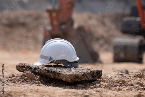 helmet in construction site and construction site worker background safety first conceptSafety Helmet Engineering Construction worker equipment photo