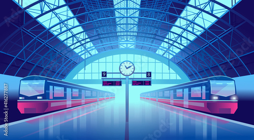 Railway station platform with trains and a clock Neon style. Cartoon vector illustration.
