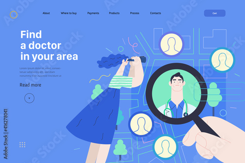 Find a doctor -medical insurance web page template -modern flat vector concept digital illustration -hand with a magnifying glass, woman with binocular, doctors portraits - a doctor searching metaphor