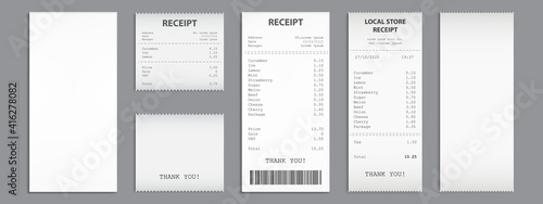 Cash receipt on clipboard, purchase bill invoice, supermarket shopping retail sum check and total cost store sale payment, empty and filled blank isolated on grey background. Realistic 3d vector set