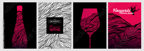 Set of design templates with wine glass and bottle illustration. Creative and artistic background texture with lines that simulate the skin of a grape vine.