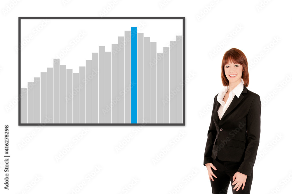 Laughing businesswoman in front of a gray and blue graph, isolated on white background Laughing businesswoman in front of a gray and blue graph, isolated on white background