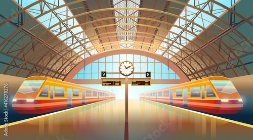 Railway station platform with trains and a clock. Cartoon vector illustration.