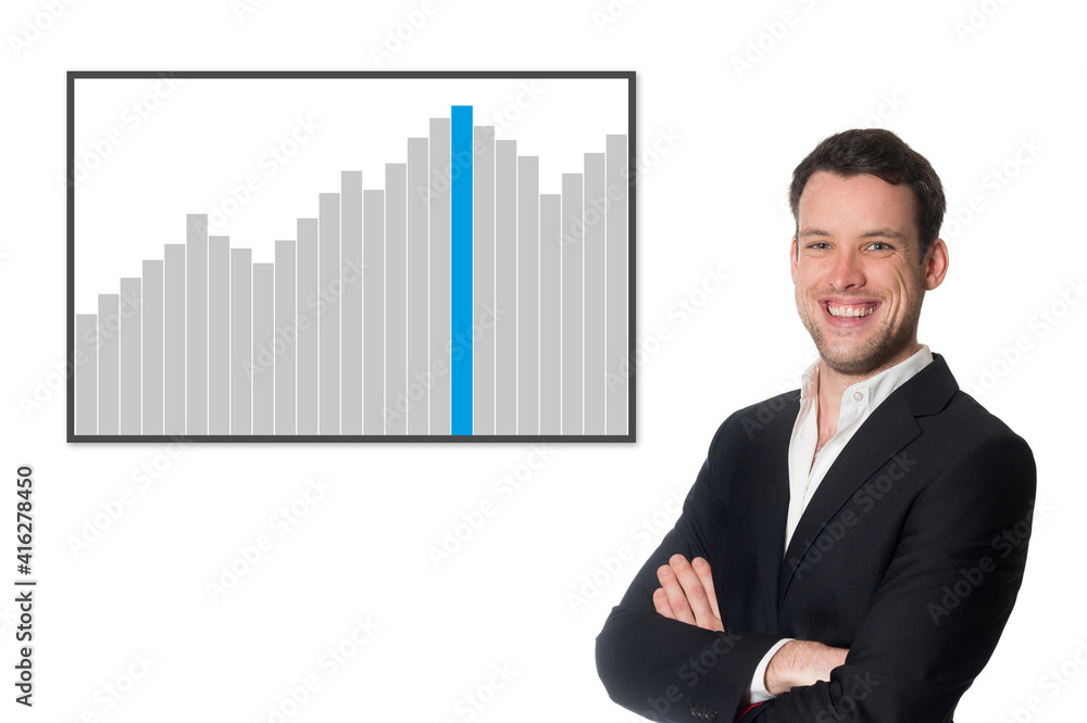 Laughing businessman in front of a gray and blue graph, isolated on white background Laughing businessman in front of a gray and blue graph, isolated on white background