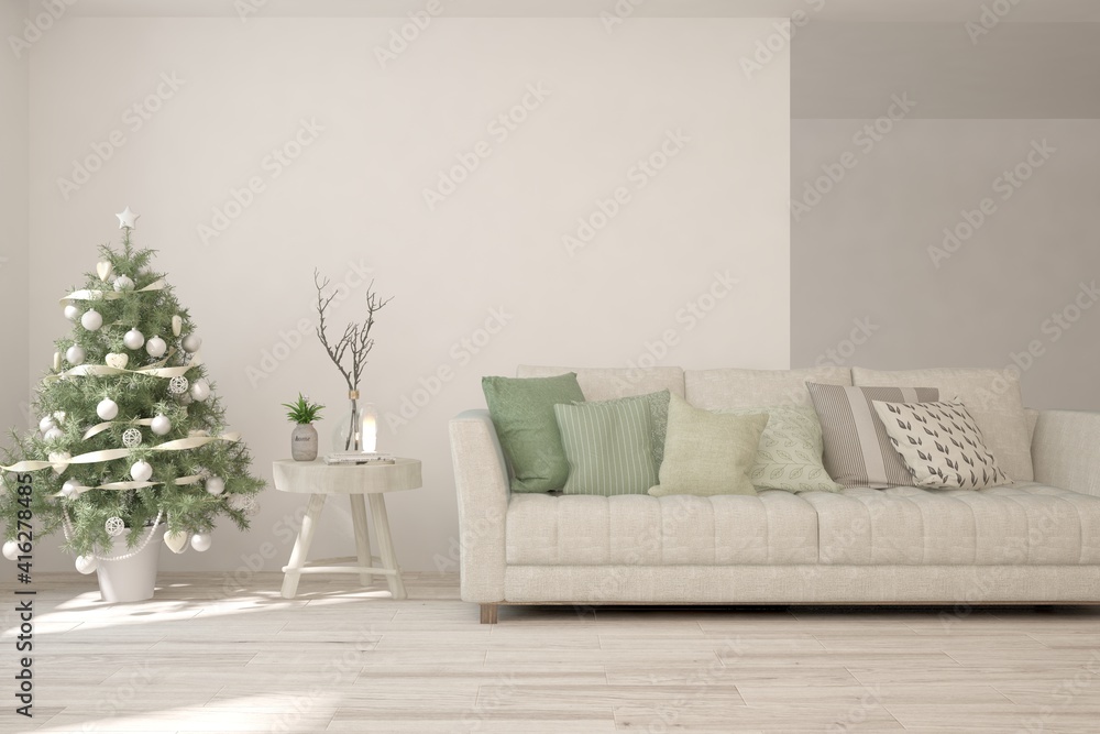 Winter new year interior of living room with sofa. Scandinavian design. 3D illustration Winter new year interior of living room with sofa. Scandinavian design. 3D illustration