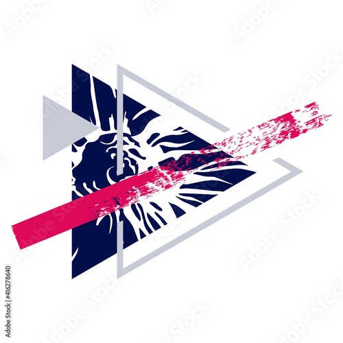 Geometric composition. Triangles. A brush mark. A flower in a triangle.