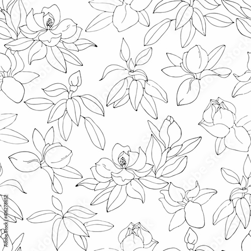 Blooming magnolias. Black outline on a white background. Seamless pattern.