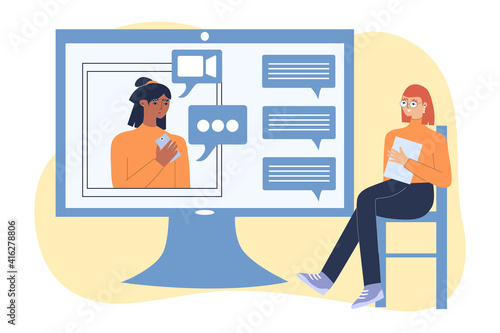 Video conference. The woman conducts video training online. Vector illustration. © Zefirka
