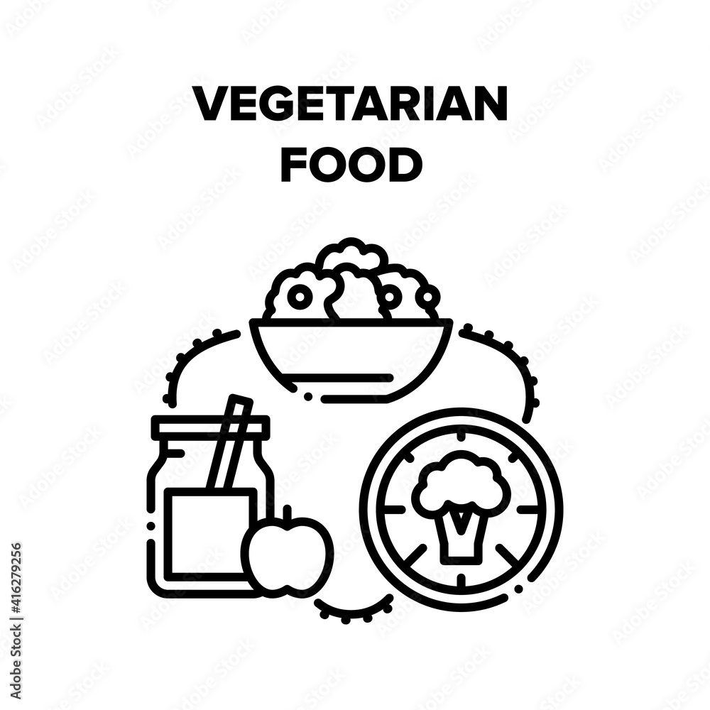 Vegetarian Food Vector Icon Concept. Natural Fruit Juice Bottle, Healthcare Broccoli Vegetable And Delicious Healthy Vitamin Salad Plate Vegetarian Food. Organic Nutrition Black Illustration Vegetarian Food Vector Icon Concept. Natural Fruit Juice Bottle, Healthcare Broccoli Vegetable And Delicious Healthy Vitamin Salad Plate Vegetarian Food. Organic Nutrition Black Illustration
