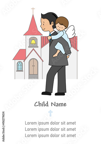My first communion boy card. Child carrying an angel on his back with the church in the background