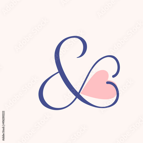 Ampersand logo.Wedding decorative creative calligraphic icon isolated on light background.Ornate symbol for beauty, gift boutique brand.Alphabet initial.Heart shape playful element.