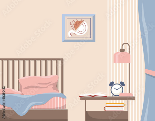 Vector cozy bedroom with a bed, the lamp, alarm clock and books. Modern home interior. © Tatiana