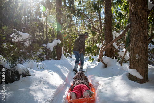 Obraz na plátně The fastest way to transport children through deep snow