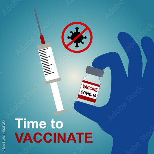 Vector poster vaccination time covid-19, medical gloves, vaccine, syringe, coronovirus