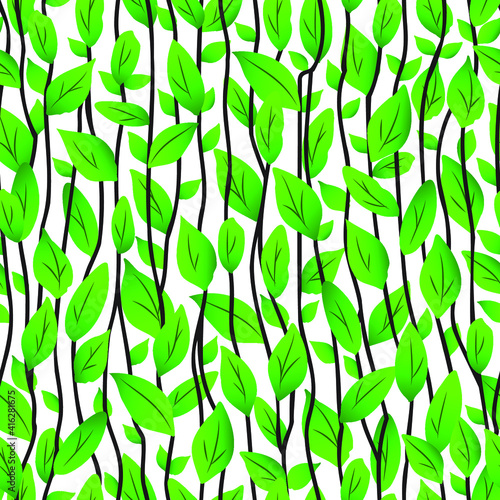 Green leaves and twigs. Seamless pattern. Spring background. Vector illustration. 