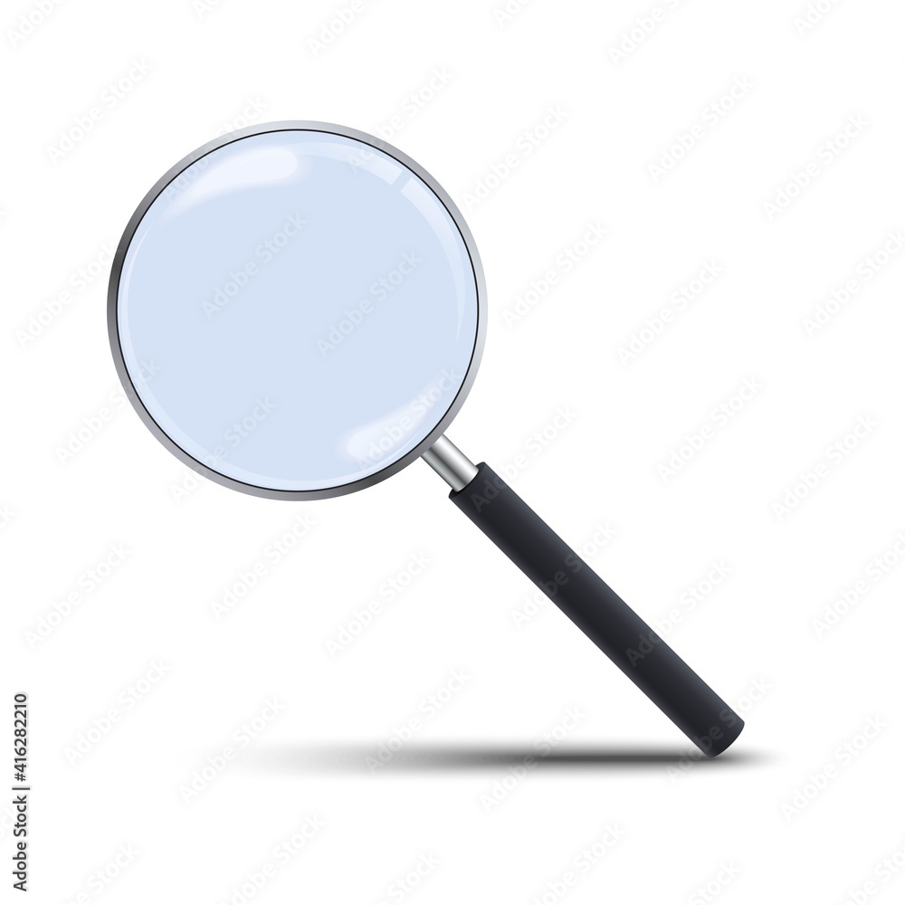 Realistic magnifying glass isolated on white background. 3d magnifier loupe with glass and dark handle. Search and inspection symbol. Bussiness concept. Sciene or school supplies. Vector illustration Realistic magnifying glass isolated on white background. 3d magnifier loupe with glass and dark handle. Search and inspection symbol. Bussiness concept. Sciene or school supplies. Vector illustration