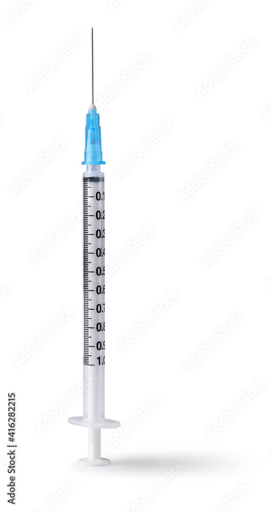 Disposable vaccine syringe standing upright isolated on white background Disposable vaccine syringe standing upright isolated on white background