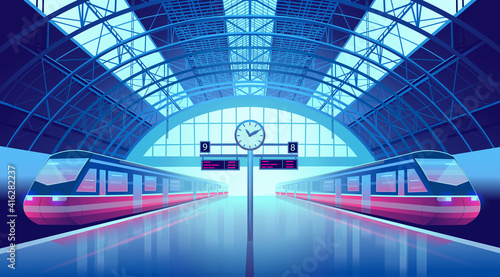 Railway station platform with trains and a clock Neon style. Cartoon vector illustration.