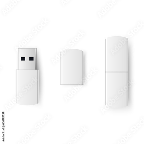 Realistic white usb flash drive. Electronic blank gadget isolated on white background. Open and closed version. Mock up template for your design. Vector illustration