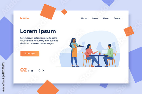 Two women sitting in cafe. Waiter, lunch, conversation flat vector illustration. Friendship and relationship concept for banner, website design or landing web page