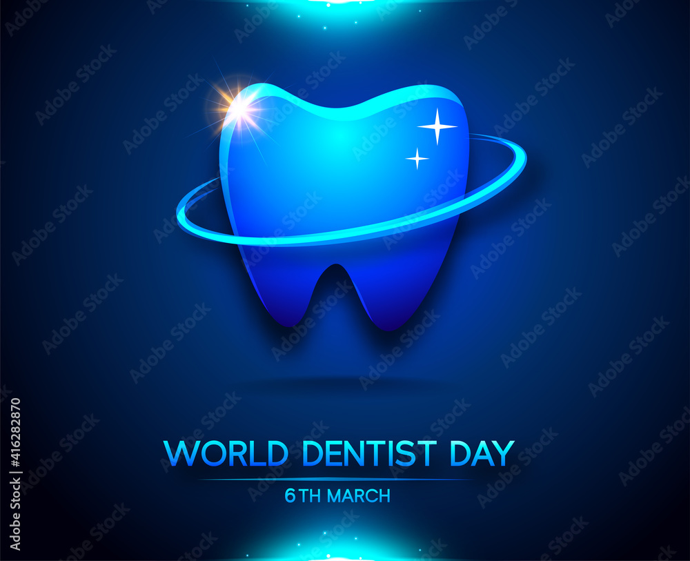Obraz premium World Dentist Day. 6 march dentist` day. Dentistry background with clean tooth, Vector illustration
