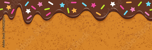 Cake glaze seamless pattern. Horizontal banner with melting chocolate sweet donut cream and colorful sprinkles. Panettone. Vector design template for packaging, poster, flyer, postcard, cover.     