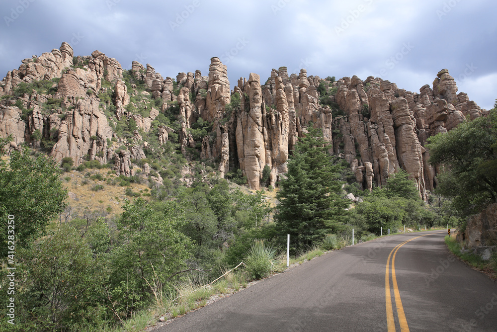 Road along the organ pipe rock formation in Chiricahua National Monument, Arizona, USA