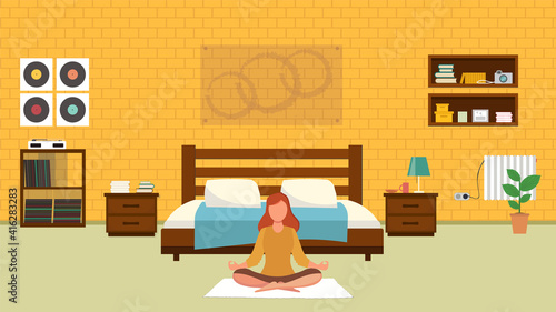 Young girl in the lotus pose meditating and practicing yoga. Bedroom with furniture. Flat style vector interior illustration. Bed, flowers. Daylight apartments. Hotel suite. Renting an apartment.
