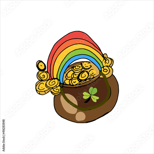 St. Patrick s Day symbol Pot of gold isolated on white background. Vector sketch illustration.