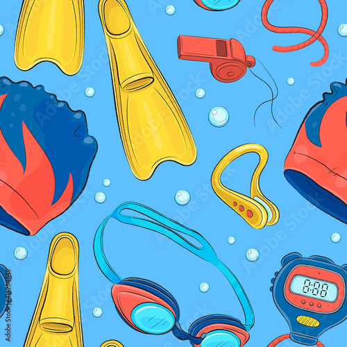 Seamless pattern with hand drawn swimming pool elements