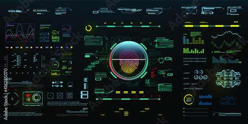 Holographic digital panel with biometric identification technology, fingerprint reader and automatic personal access authorization. HUD style interface