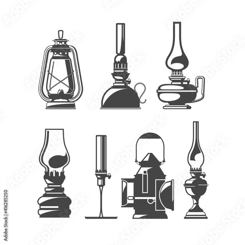 Set of old oil lamps, vintage kerosene or oil lanterns, home and trackwalker lamps collection, vector