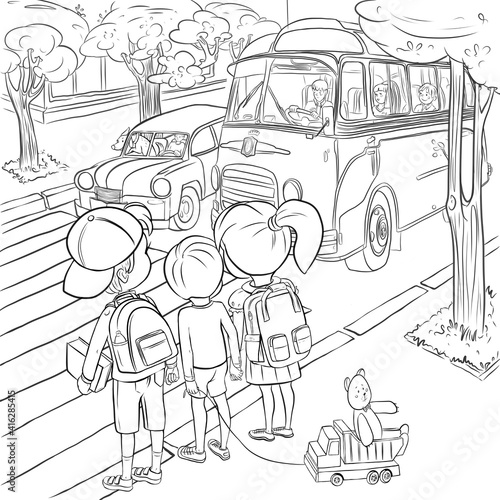 City roadway with car and bus standing at traffic lights, children with school backpacks crossing the street, illustration for coloring