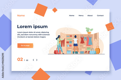 Two women choosing clothes for travel from wardrobe. Apparel, dress, baggage flat vector illustration. Fashion and vacation concept for banner, website design or landing web page